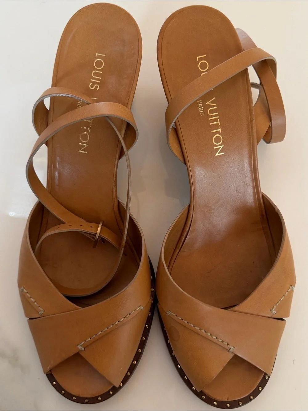 Louis Vuitton Cognac Leather Wedge Sandals with Ankle Strap